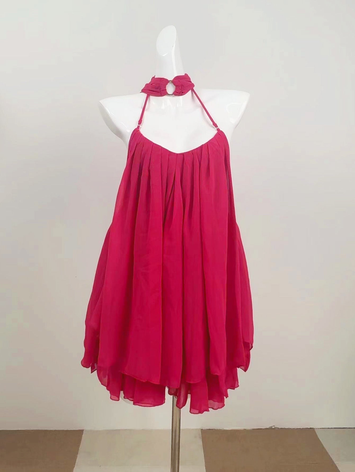 Halter Neck Lace-Up Backless Mini Dress - Fuchsia