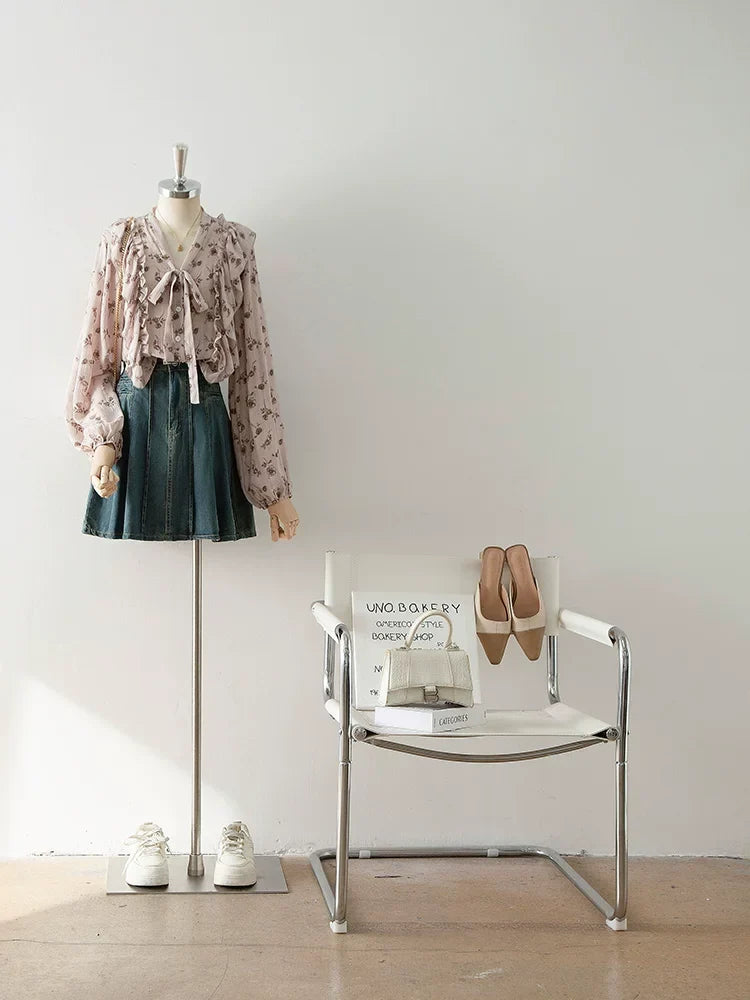 V-Neck Self-Tie Ruffle Floral Print Puff Long Sleeve Blouse