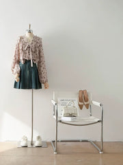 V-Neck Self-Tie Ruffle Floral Print Puff Long Sleeve Blouse