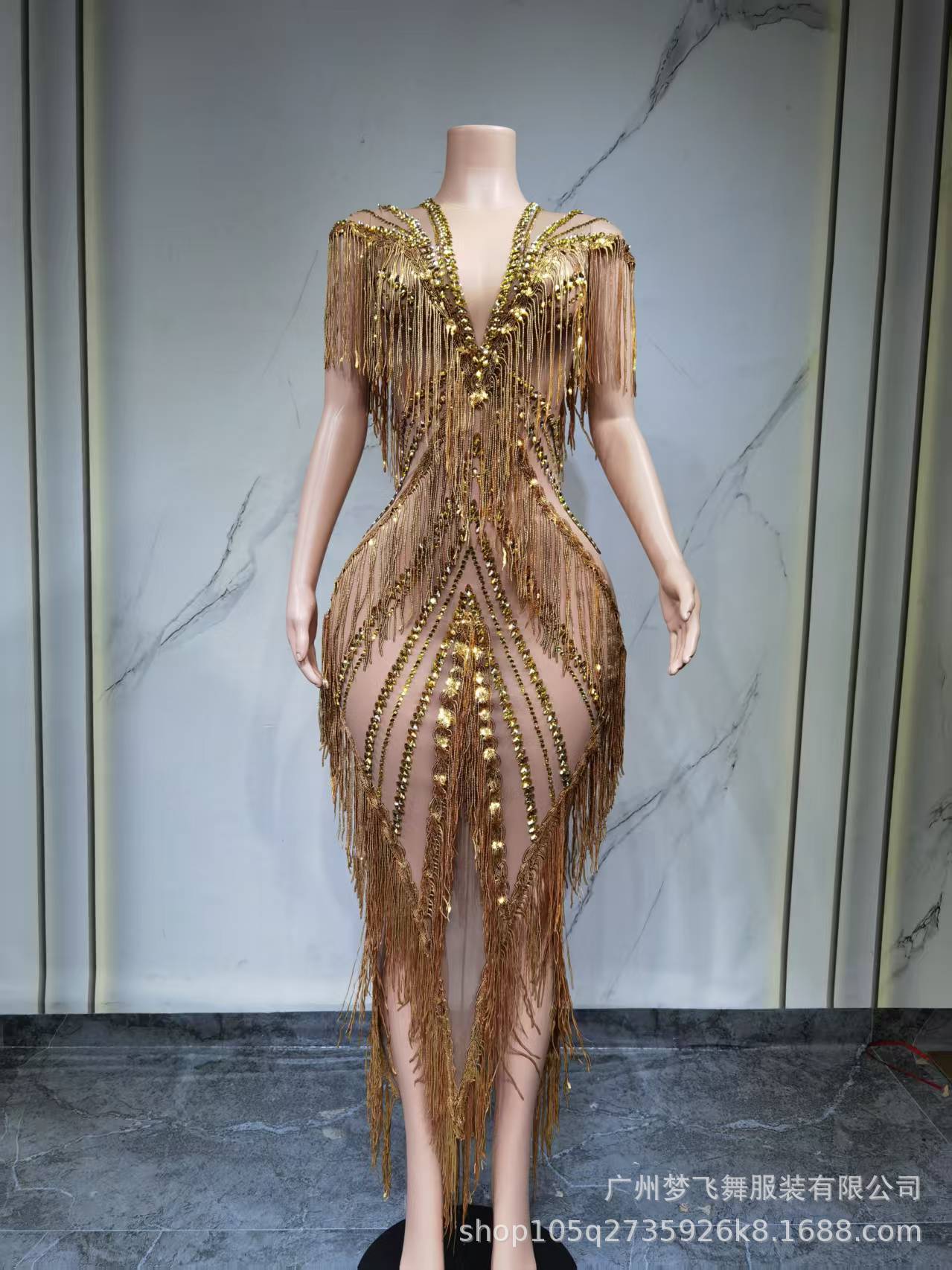 Fringe Sequin Crystal Maxi Dress In Gold