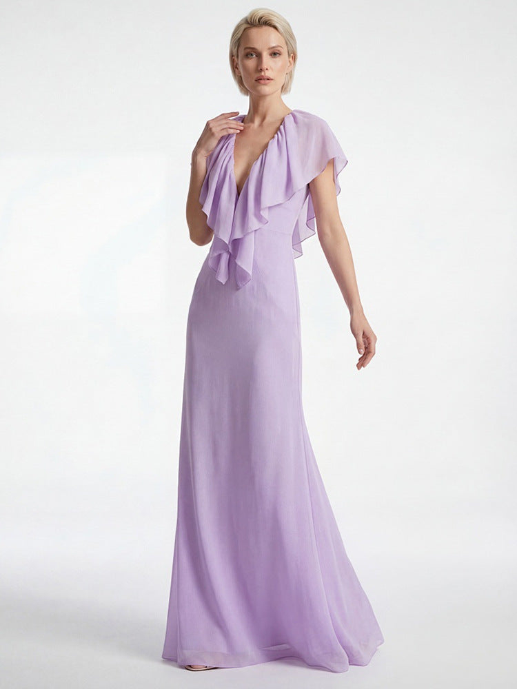 Deep V-Neck Lace Backless Maxi Dress in Purple
