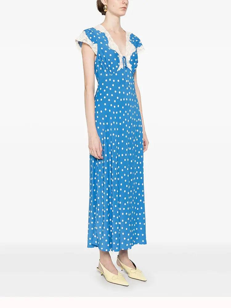 Lace-Trimmed V-Neck Maxi Dress in Blue