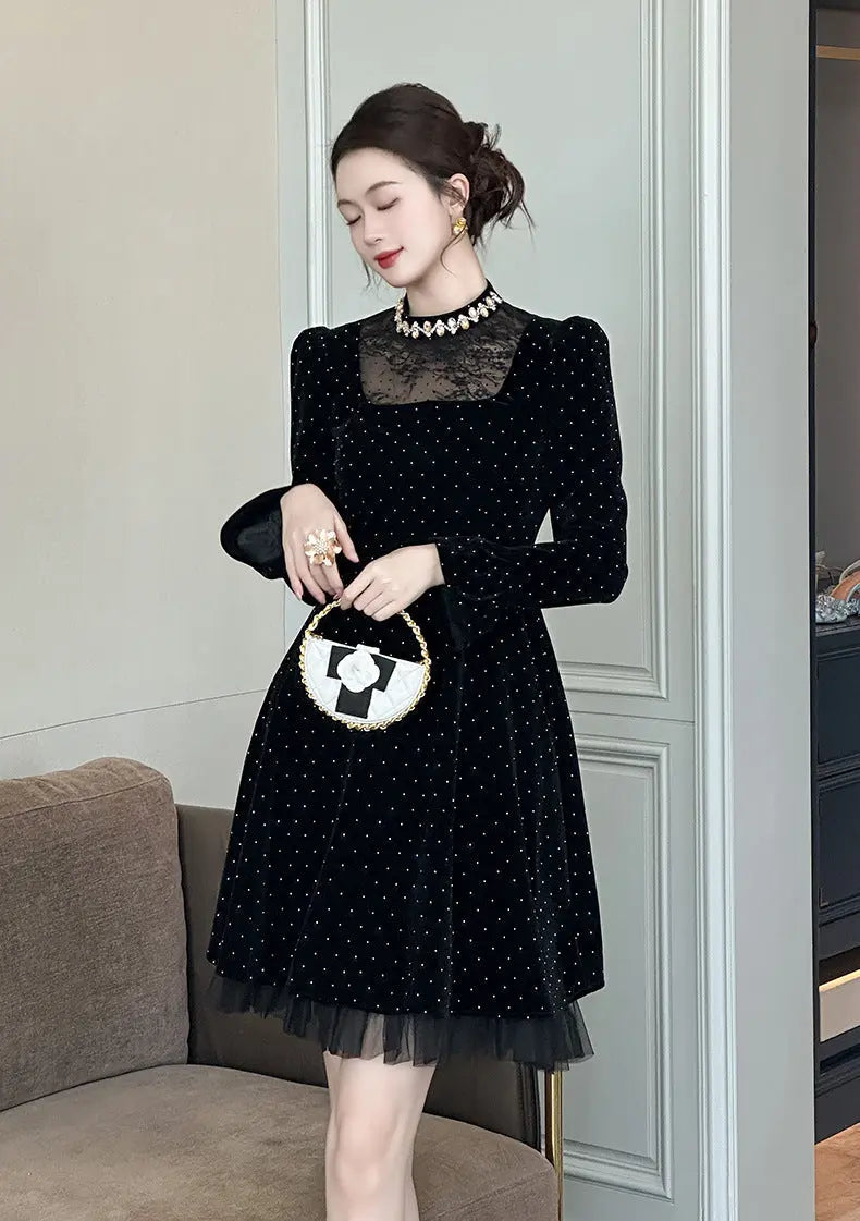 Polka Dots Long Sleeve Mini Dress in Black
