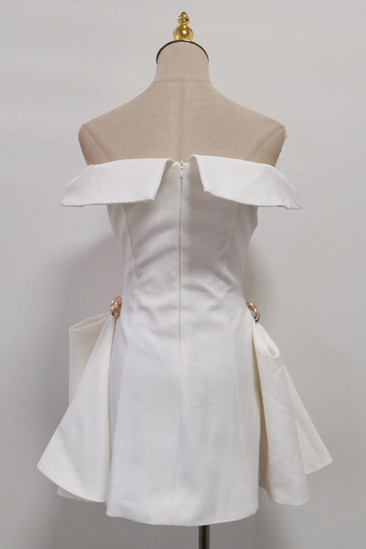 Metal Detail A-Line Off-Shoulder Mini Dress in White