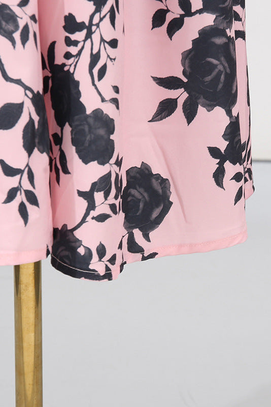 V-Neck Satin Floral Midi Dress in Pink