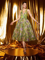 V-Neck Flower Backless Midi Dress in Green