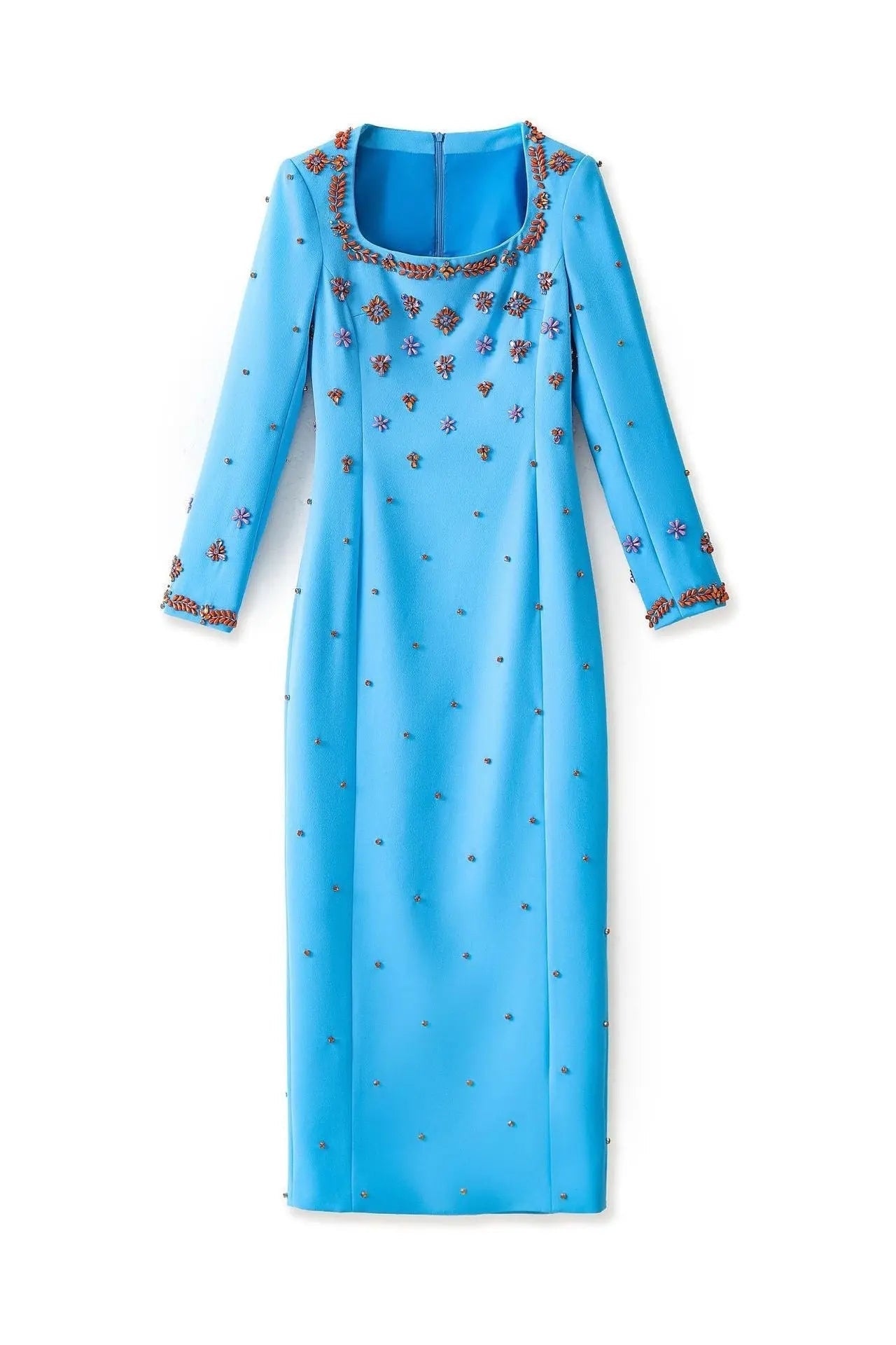Square Neck Floral Beading Embroidery Maxi Dress in Sky Blue