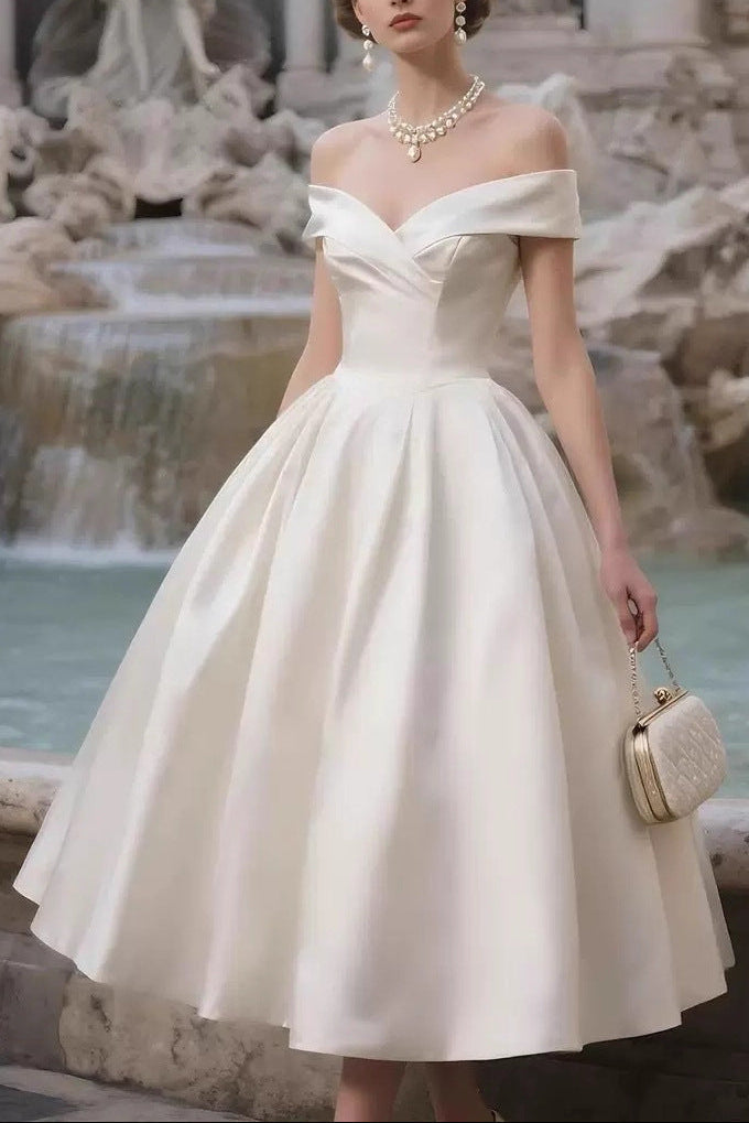 Off-the-Shoulder Minimalist Midi Dress - Off-White