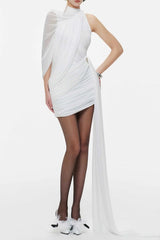 Off-Shoulder Single-Sleeve Bodycon Ribbon Mini Dress - White