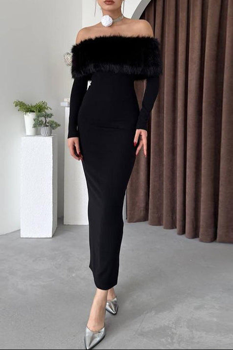 Furry Embellished Bodycon Midi Dress in Black