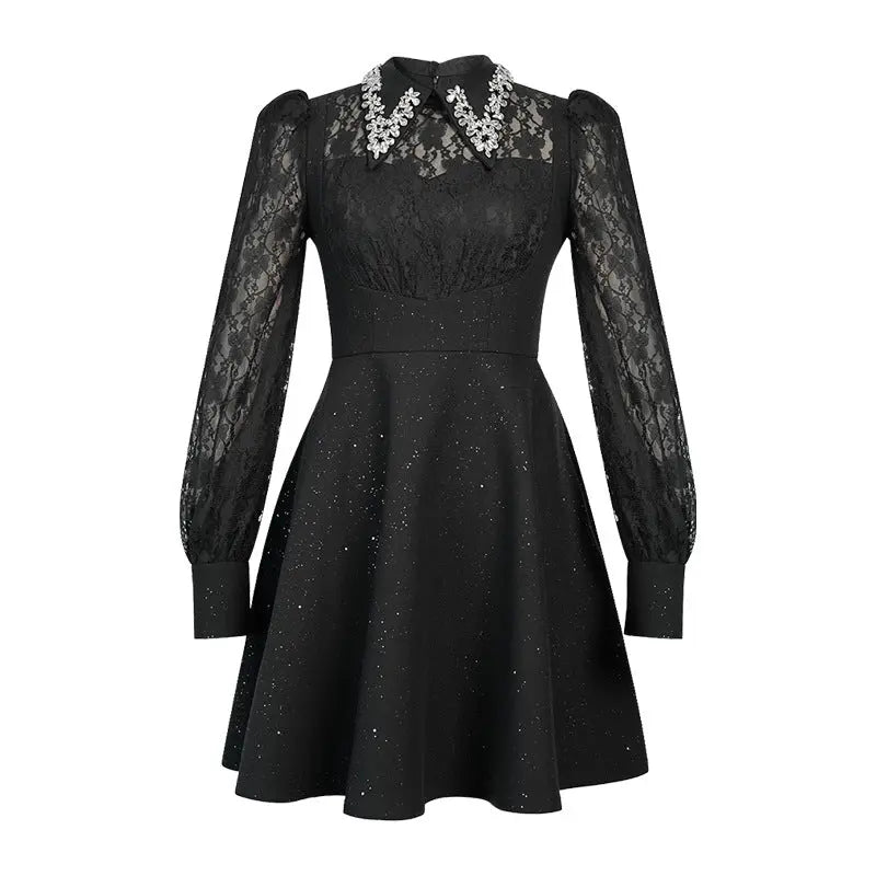 Black Rhinestone Collar Neck Lace Hollow Sleeve Mini Dress
