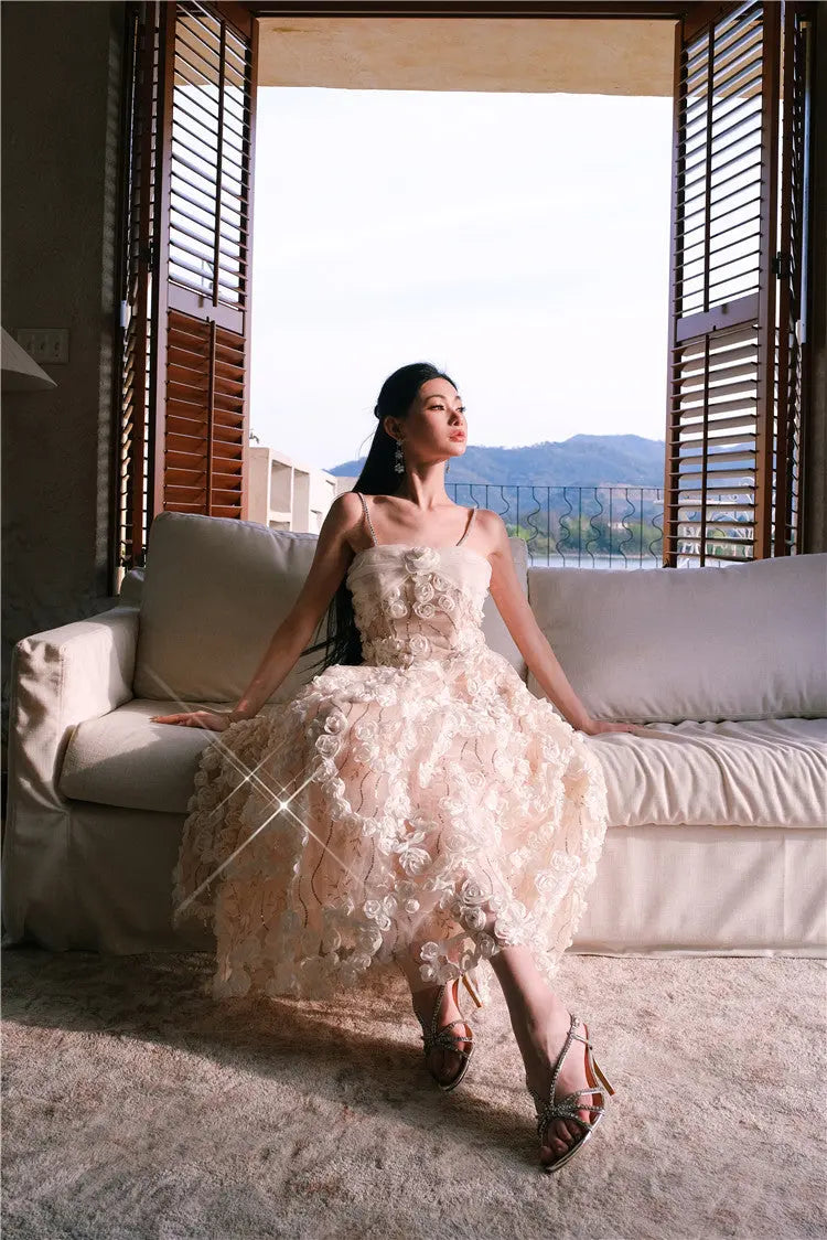 Leah White/Beige Sleeveless Flower Dress