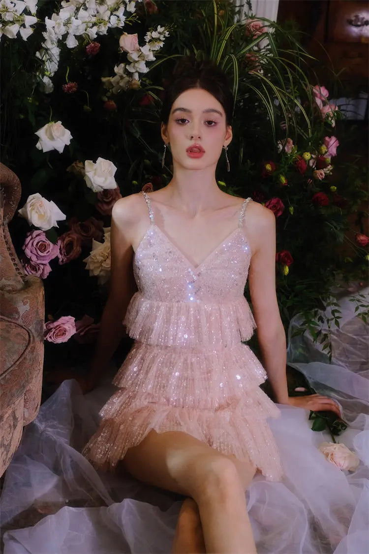 Pink Sleeveless Sequin Ruffle Short Dinner Dress