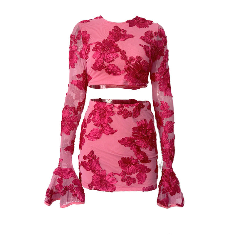 Embroidered Floral Backless T-shirt and Skirt Set