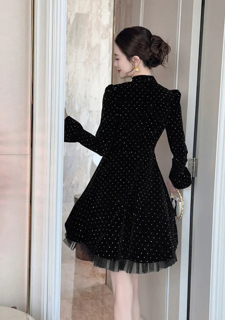 Polka Dots Long Sleeve Mini Dress in Black
