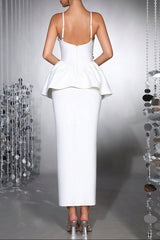 White Bodycon Midi Dress Bandage Elastic Sling with Handmade Flower