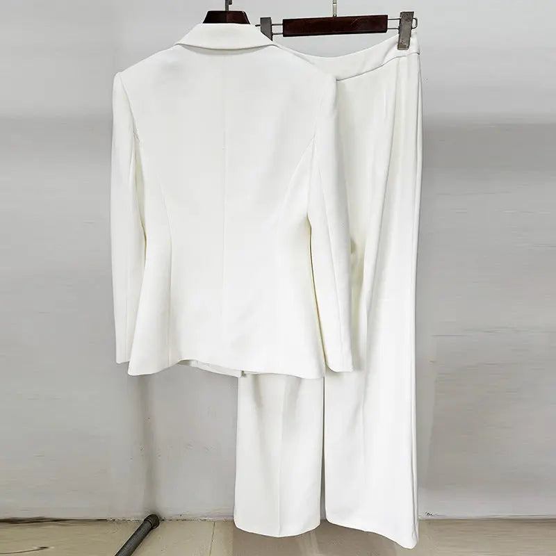 Diamond Hollow Out Blazer Set in White