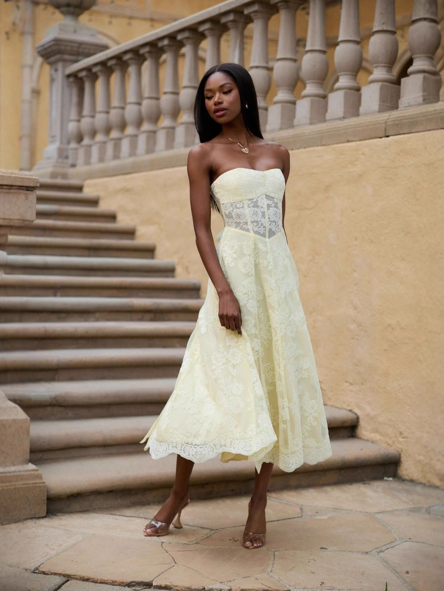 Yellow European American Style Sexy Backless Tie-Wrap Dress