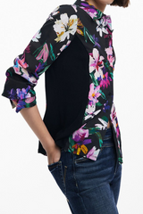 Black Vibrant Floral Print Long Sleeve Button-Down Shirt