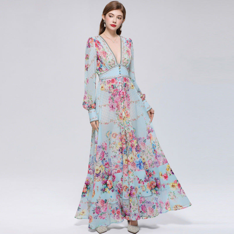 Mesh A-Line Printed Maxi Dress