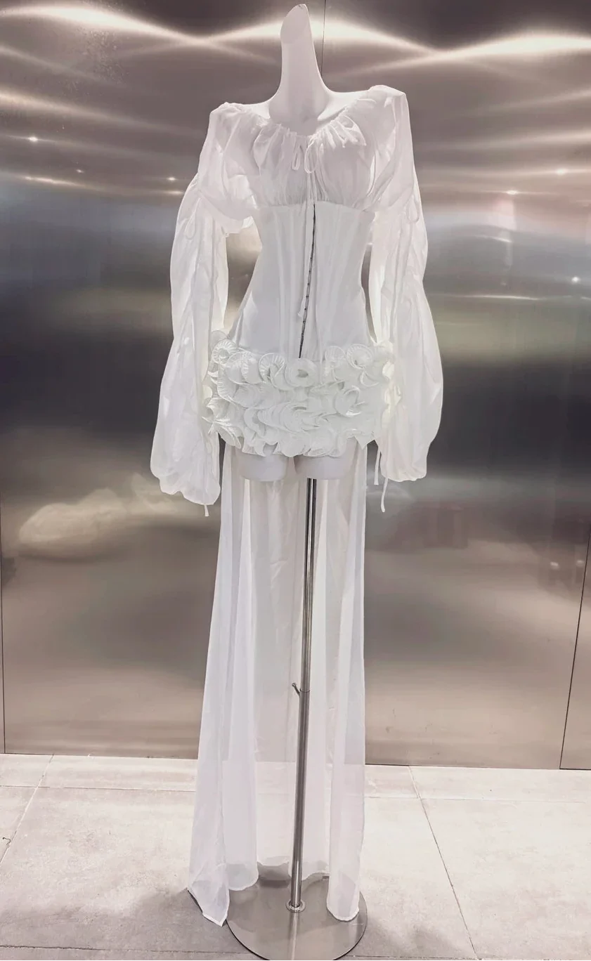 Off Shoulder Sheer Sleeve Corset Ruffle High Low Mini Dress