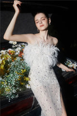 White Haute Couture Feather Sequin Dress