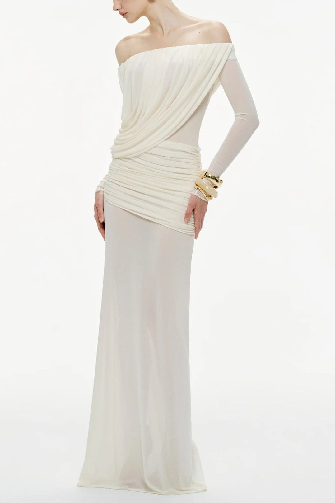 Cara Off-Shoulder Long Sleeve Mesh Maxi Dress in White