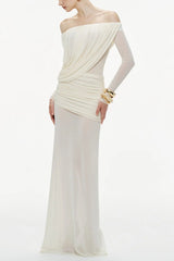 Cara Off-Shoulder Long Sleeve Mesh Maxi Dress in White