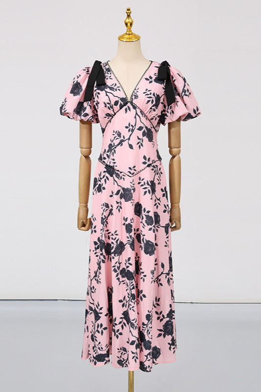 V-Neck Satin Floral Midi Dress in Pink