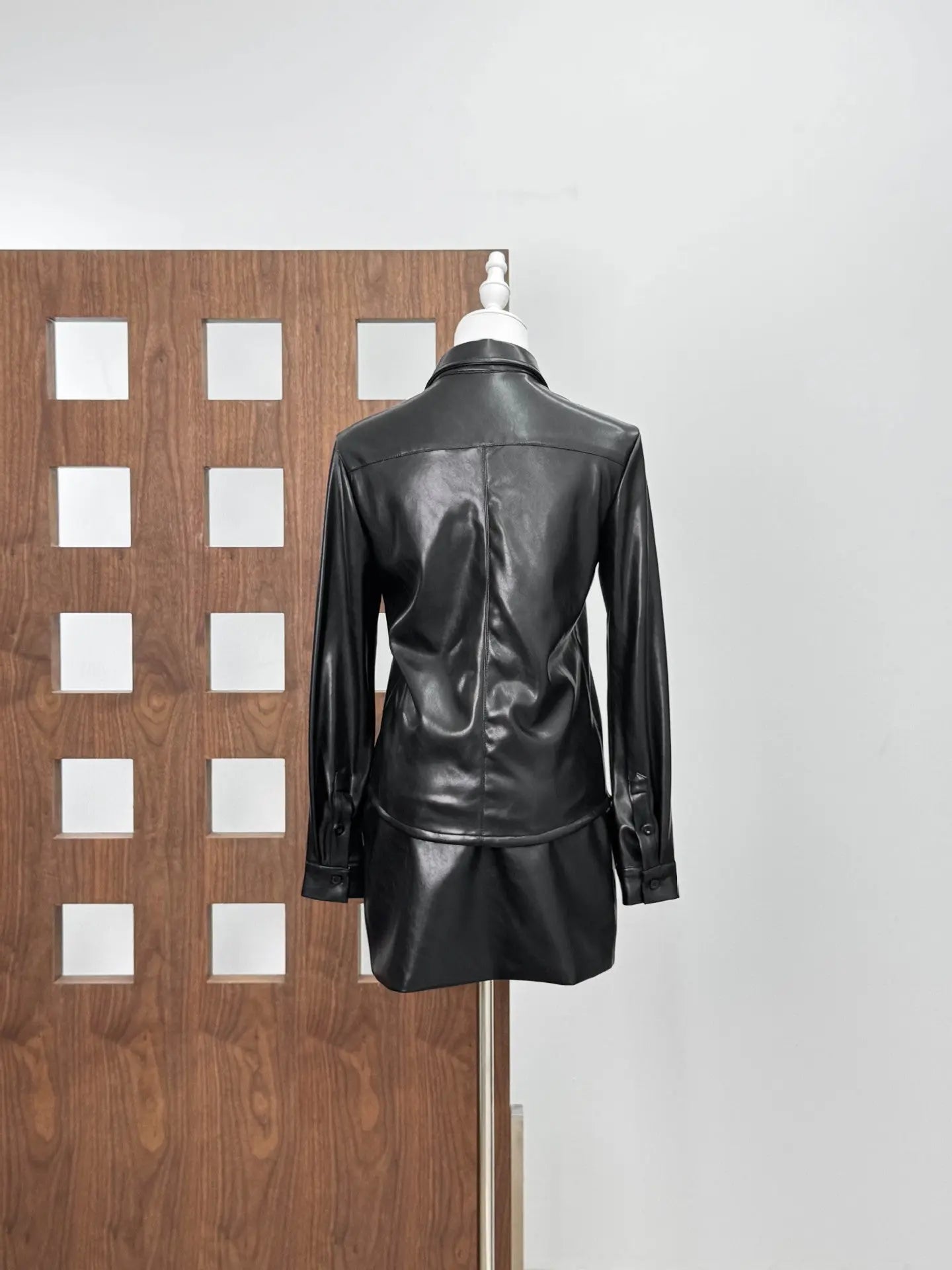 Leather Top Flower Mini Skirt Set in Black