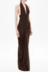 V-Neck Braided Bodycon Maxi Dress - Brown