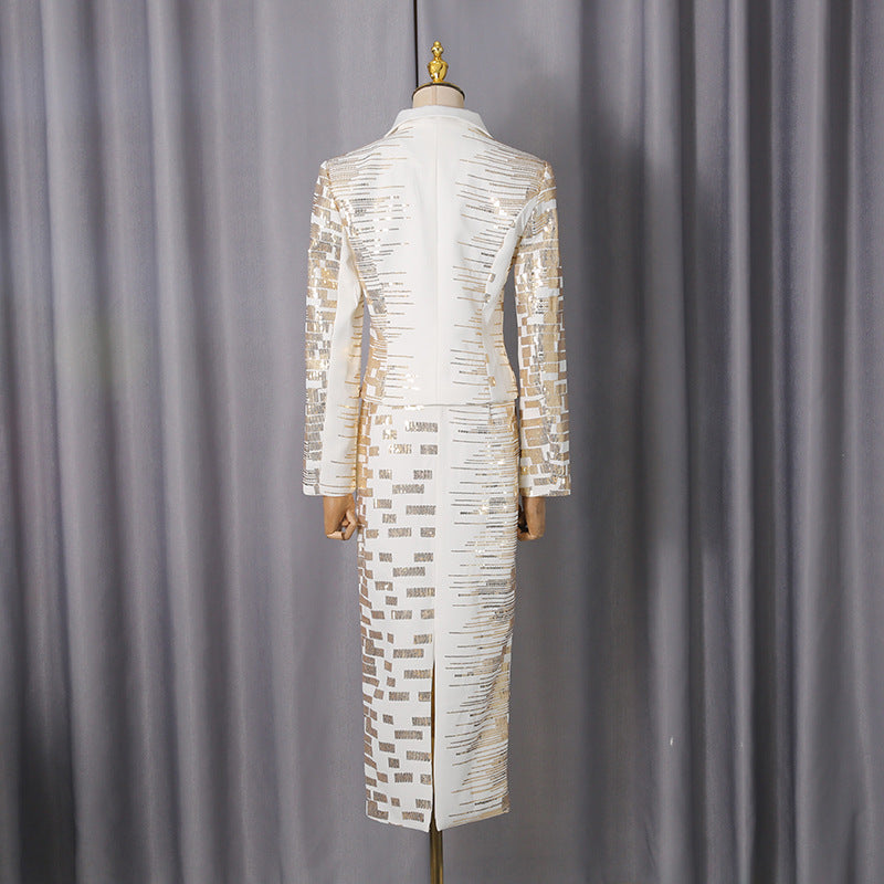 High-Waisted Skirt Gold Sequin Print Blazer Suit in White