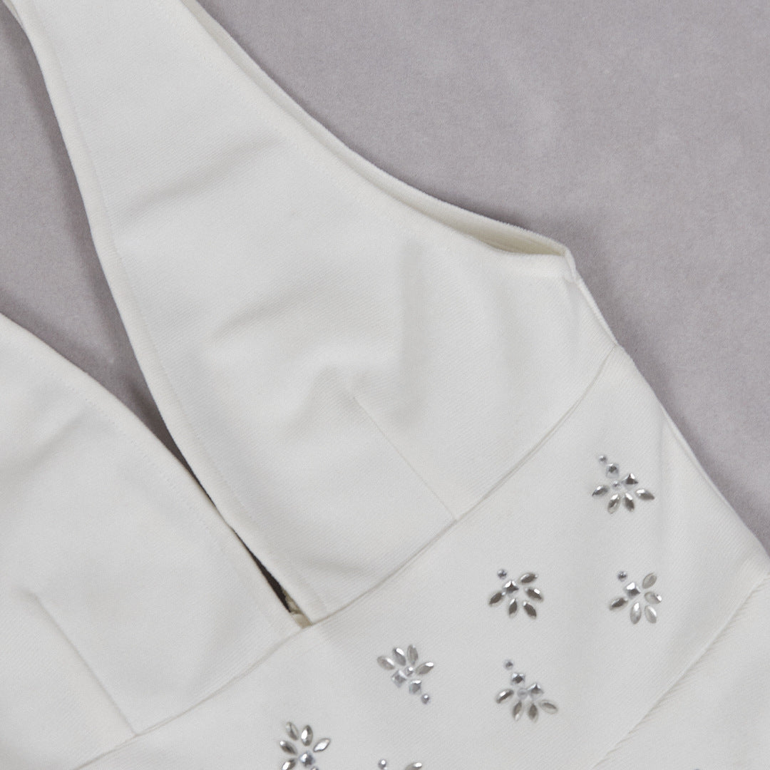Diamond V-Neck Midi Dress in White