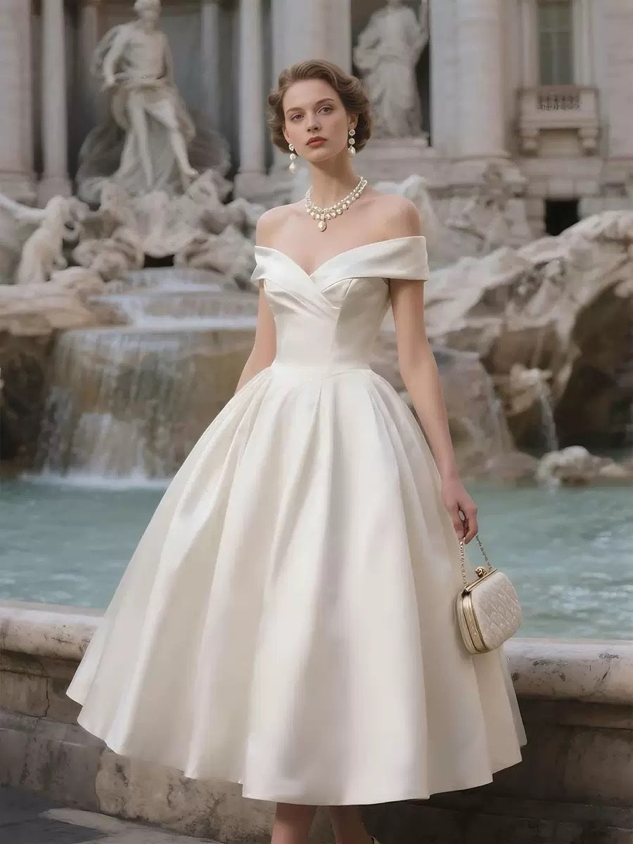 Off-the-Shoulder Minimalist Midi Dress - Off-White