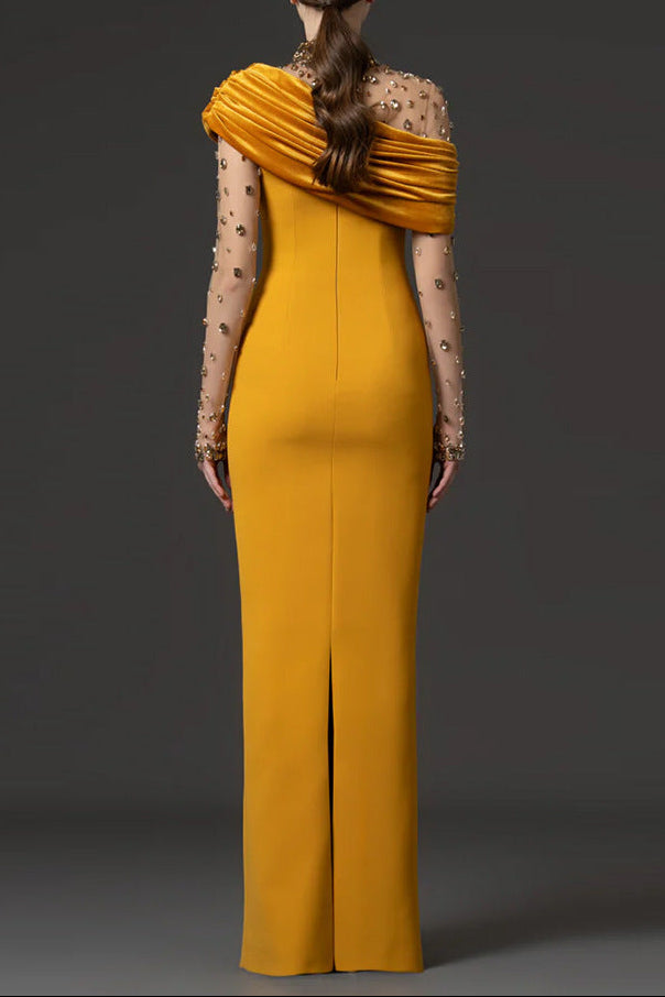 Mesh-Paneled Rhinestone-Embellished Maxi Dress - Yellow