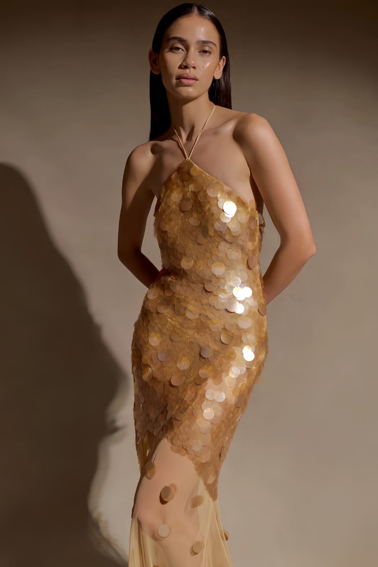 Sequin Embellished Backless Maxi Dress - Gold