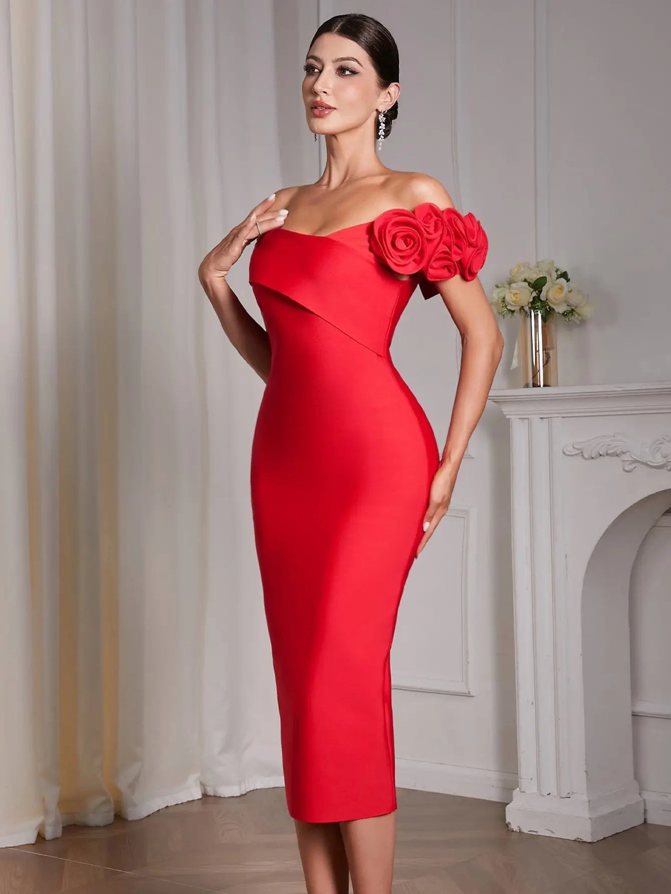 Red 3D Flower Bandage Midi Dress