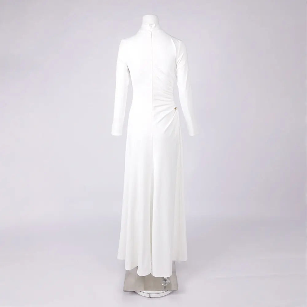 Double Ball Long-Sleeve High-Maxi Dress in White