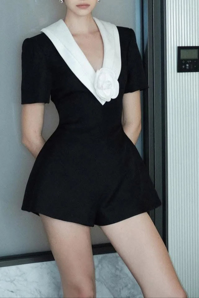 V Neck White 3d Flower Jumpsuit in Black