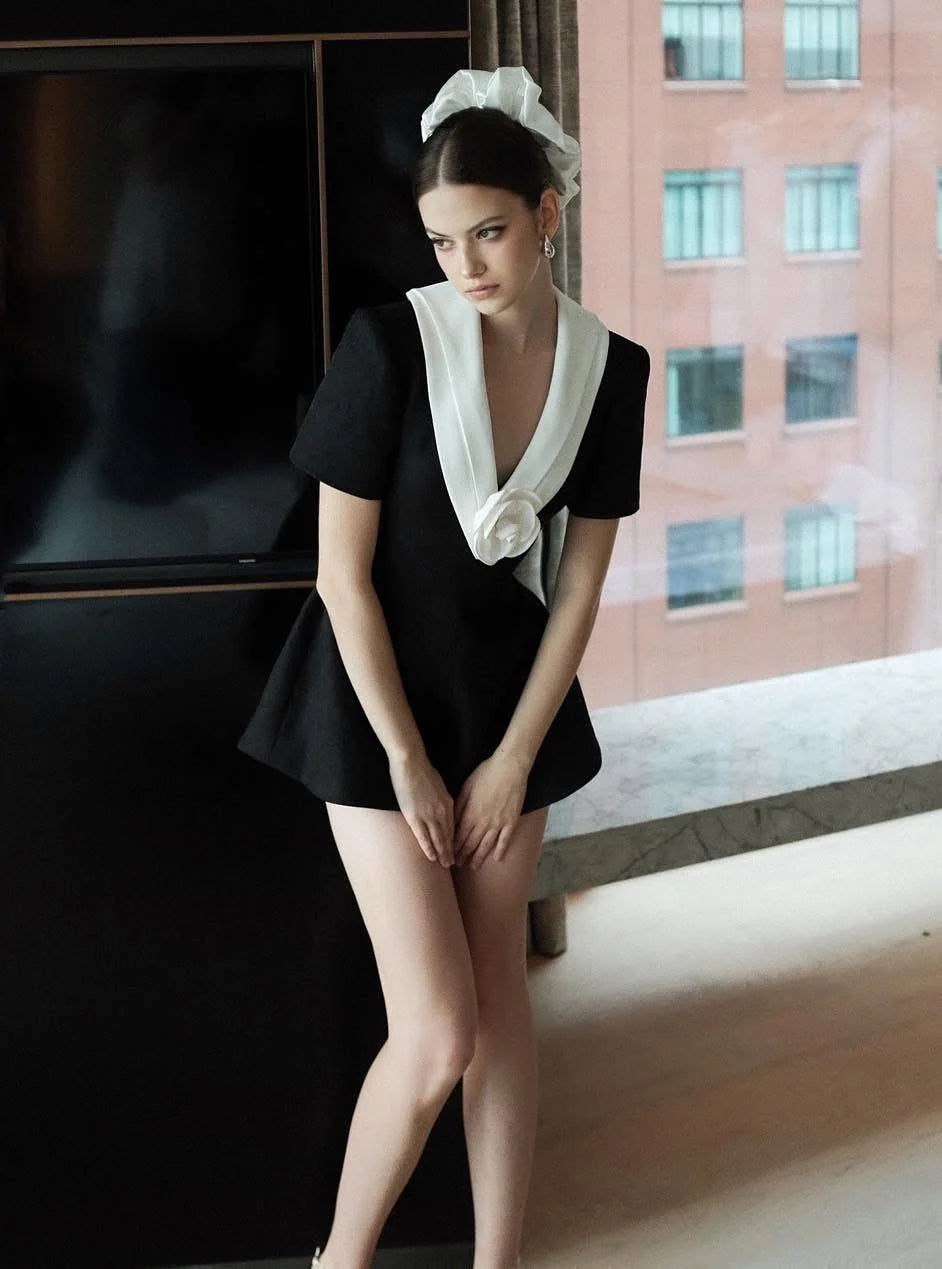 V Neck White 3d Flower Jumpsuit in Black