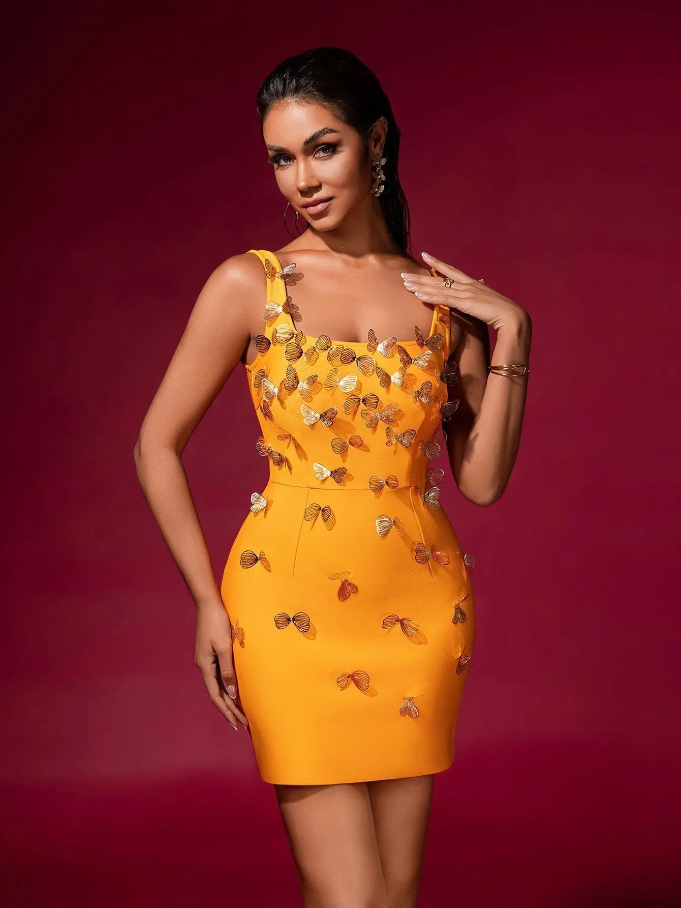Sequin Yellow Embellished Bandage Mini Dress