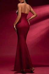 Off-Shoulder Crystal Bandage Gown in Burgundy