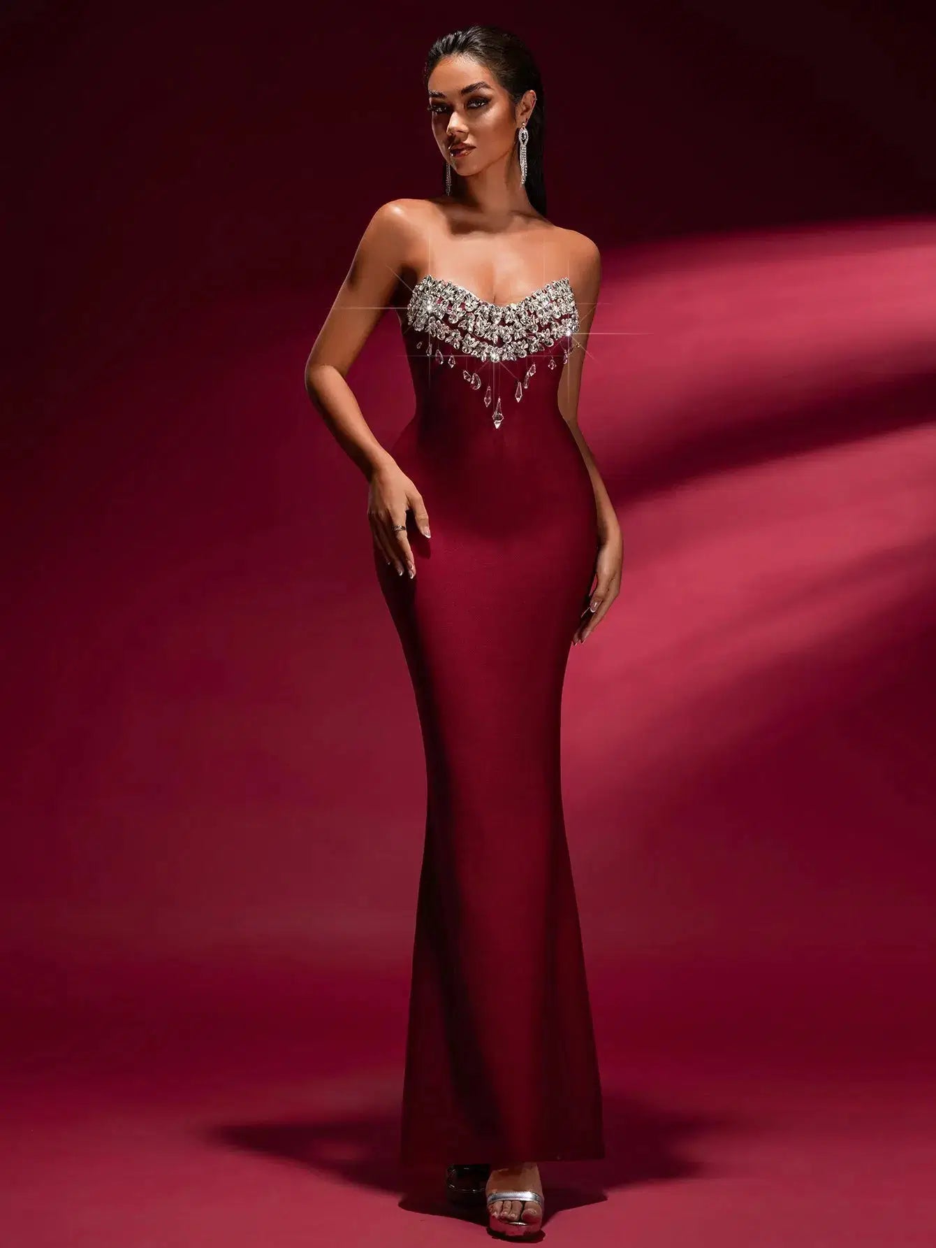 Off-Shoulder Crystal Bandage Gown in Burgundy