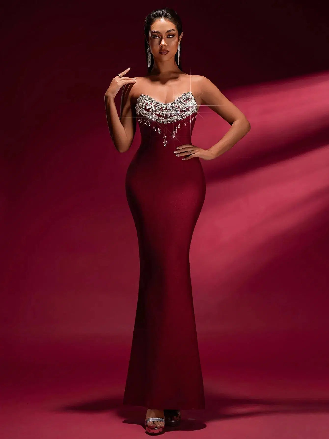 Off-Shoulder Crystal Bandage Gown in Burgundy