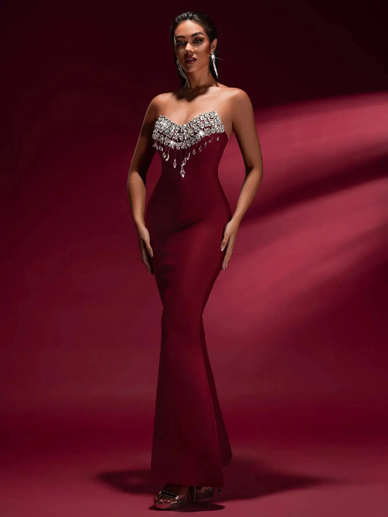 Off-Shoulder Crystal Bandage Gown in Burgundy