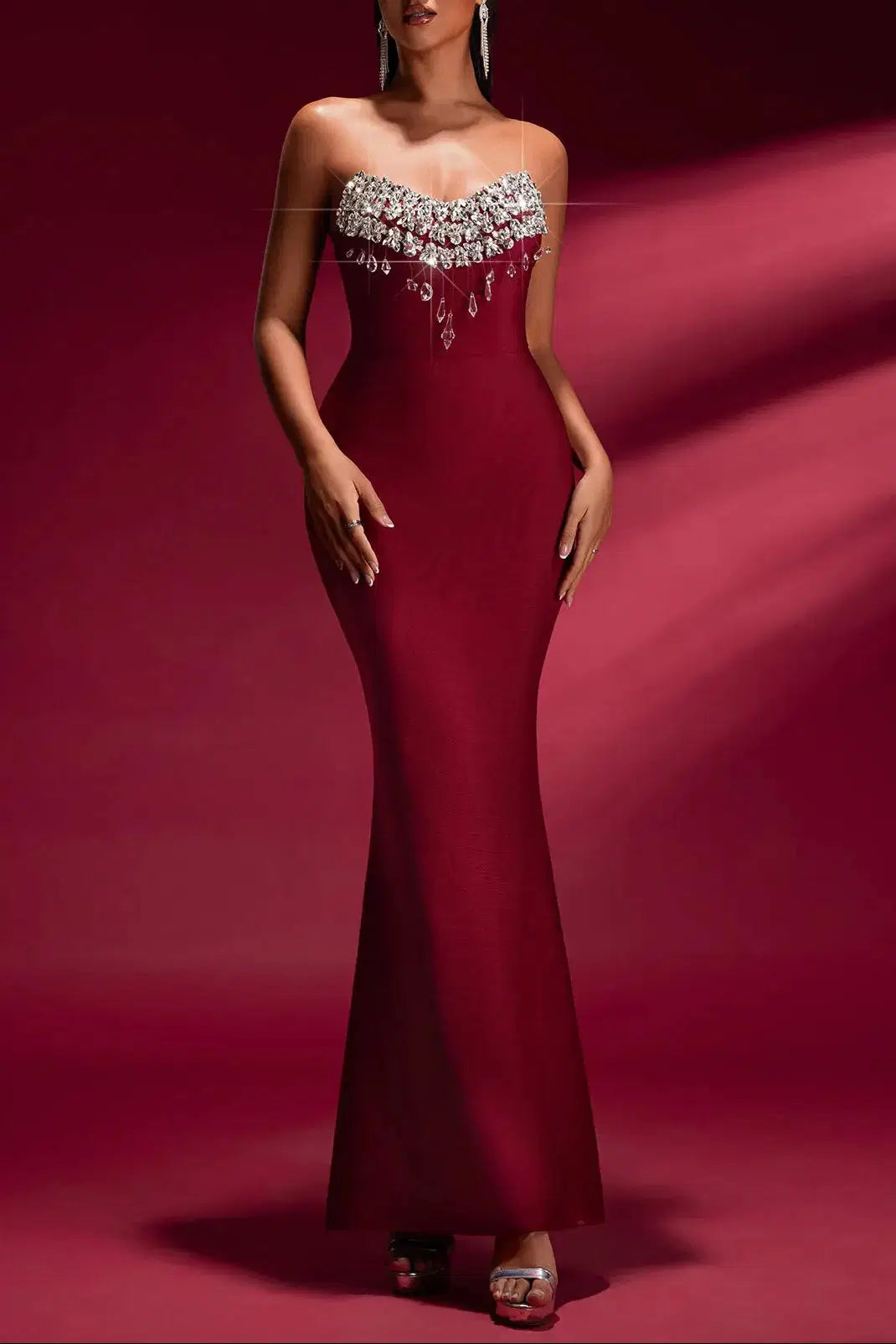 Off-Shoulder Crystal Bandage Gown in Burgundy