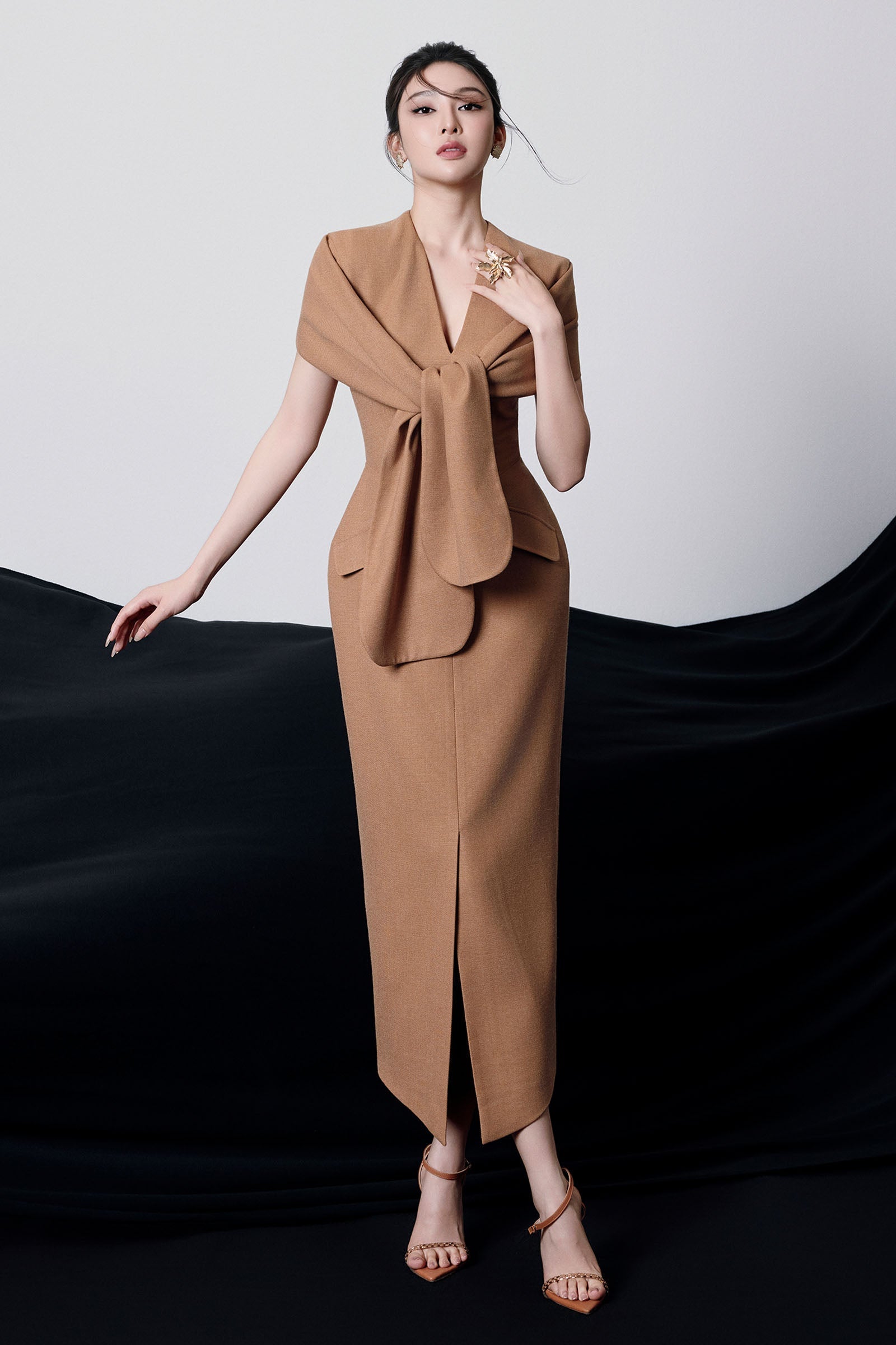 V-Neck Midi Dress in Brown