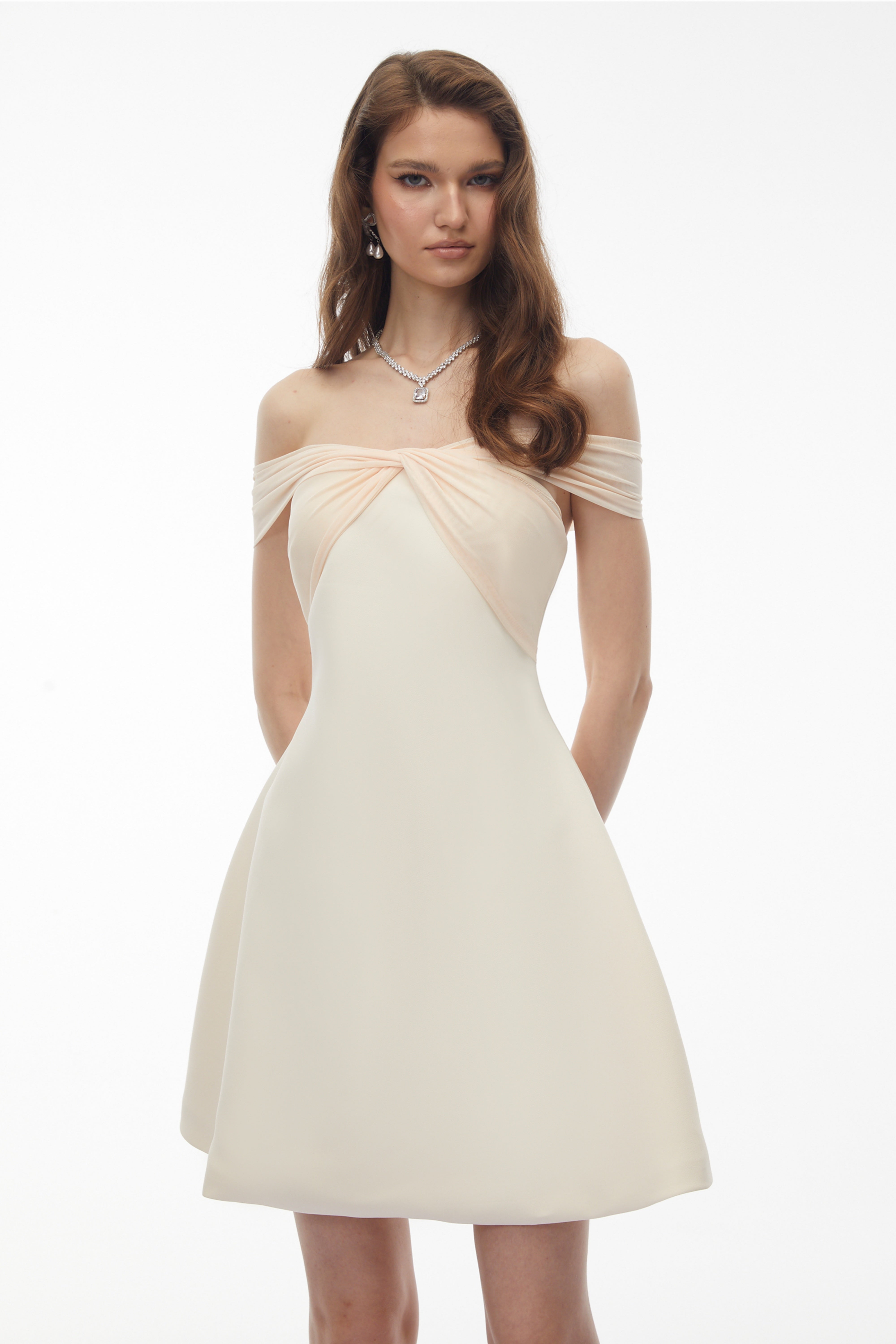 White Off Shoulder Mini Dress with Twist Front