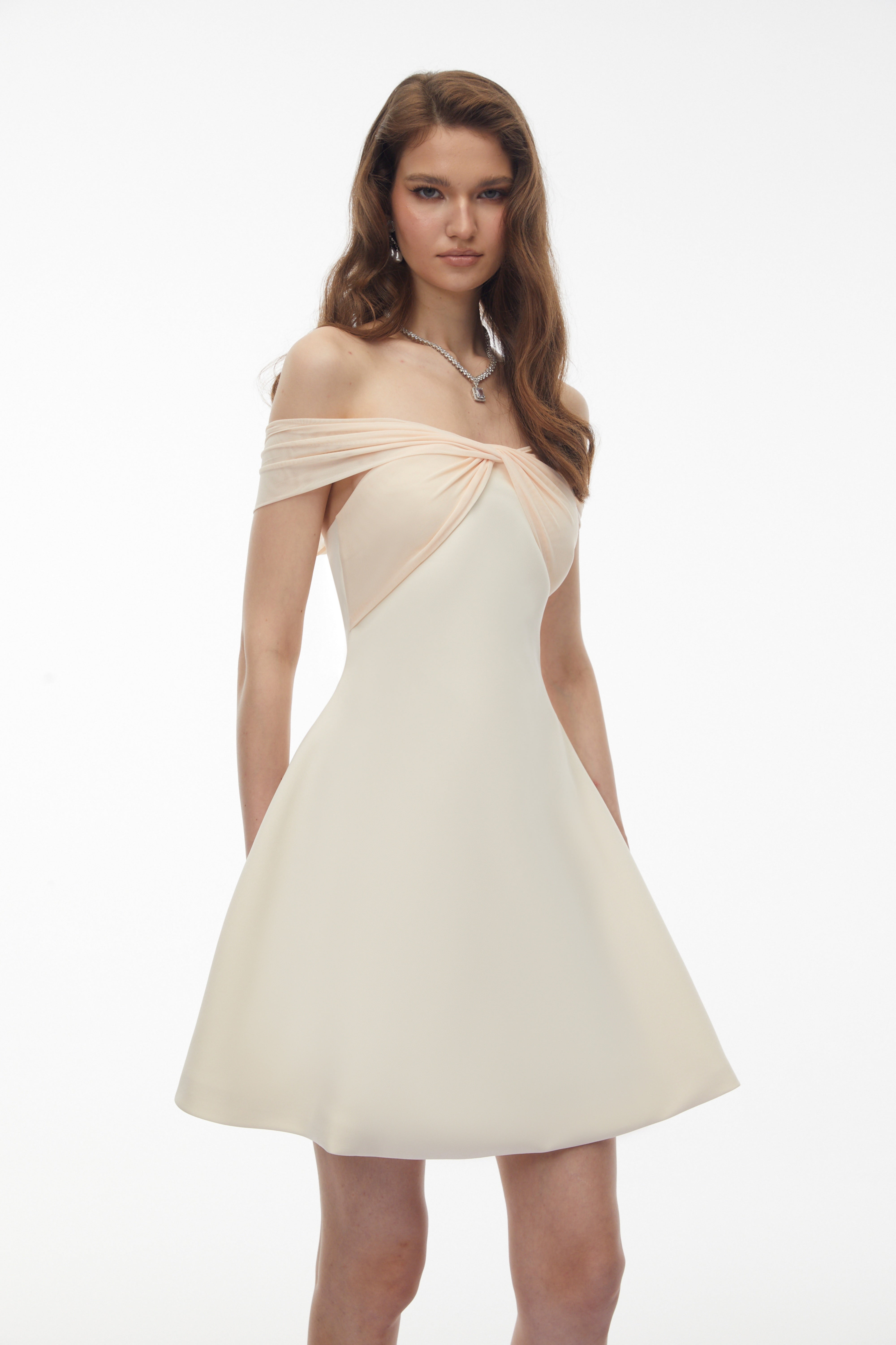 White Off Shoulder Mini Dress with Twist Front