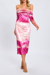 Pink Off-Shoulder Print Long Sleeve Midi Dress